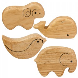 12 months & up. Build auditory and cognitive development with these adorable wooden animal shakers. Each animal has curves that make it easy for little ones to hold and play. The shakers produce a soft and pleasant sounds and enhances gross motor skills when toddlers shake them. Due to availability, animal shapes may vary. Includes 4 pieces.