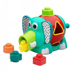 12 months & up. Fun exploration through sight, touch, and sound with a new twist on the classic shape sorter. This adorable elephant lets children press on his ears to release the shapes to sort. His tummy spins, and shapes drop out of his trunk to sort again and again. Includes five shapes to stack and sort.