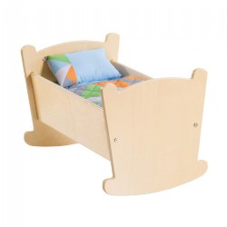 Image of Wooden Doll Cradle with Pillow and Blanket