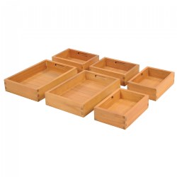 3 years & up. This set of six sorting boxes have inbuilt handles and consist of two large and four small that all fit neatly into our sorting table (item #32332). Perfect for sensory exploration and taking the classroom outside. Boxes are made from solid eucalyptus. Small boxes measure 7"W x 3 1/4"H x 9 1/2"D and larger boxes measure 9 1/2"W x 3 1/4"H x 14 1/4"D. Contents shown are not included.