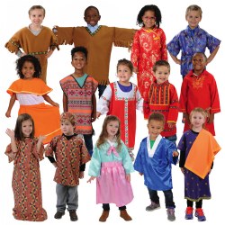 3 - 5 years. Encourage independence by allowing children to practice dressing skills in the dramatic play center with these soft and authentic dress-up garments that feature pullover tunics and hook-and-loop closures. You can enhance the dramatic play experience and celebrate diversity with students by adding books, food, music, and props that share the history of each culture. These machine-washable garments are 100% polyester, with the exception of the Indian and Russian costumes, which are 10% cotton/90% polyester. Includes 14 authentic costumes representing seven cultures: Mexican, African, Chinese, Indian, Korean, Native American, and Russian.