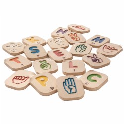 2 years & up. This 26-piece set features an impressed lower case letter and corresponding American Sign Language picture. Colorful and tactile way to add variety to your knowledge of alphabets. Made from sustainable rubber wood. Colors are made from vegetable dye, and coated with a non-toxic finish.