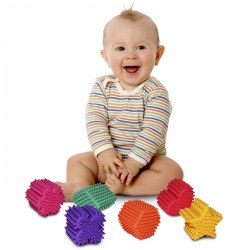 6 months & up. These soft and squeezable shapes feature a textured surface to stimulate senses as toddlers grasp the pliable material in their hands. Build, stack, roll, or engage in open-ended play that supports cognitive and fine motor skill development along with shape and color recognition. Shapes include a heart, flower, hexagon, diamond, clover, and star.