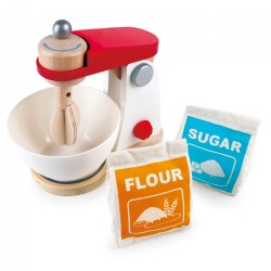 3 years & up. Excite your little baker's cooking super power with this fun and interactive baking set. Simply turn the knob on the tabletop mixer and the beaters rotate. The beaters also lift up making it easy to place or remove the bowl. Includes: turntable blender, bowl, flour packet, and sugar packet. Measures 18.2"L x 12"W x 21"H.