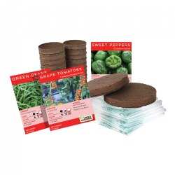 3 years & up. Whether at home or in the classroom, start growing your own mini farm today! This kit comes with everything you need to grow 18 plants. Includes biodegradable pots, germination bags, two peat discs, three seed packs and a growing and experiment guide. The three seed packs have Green Bean, Sweet Pepper, and Grape Tomato seeds.