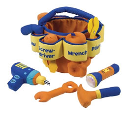 2 years & up. Toddlers will be ready for any repair task! This Soft Tool Set features a handy tool bucket with pockets to store a nail, hammer, flashlight, drill, pliers, wrench, screwdriver, and a saw. Inspire the imagination to encourage exploration and creativity with every repair through pretend play activities. Made from soft stuffed fabric. Surface washable.
