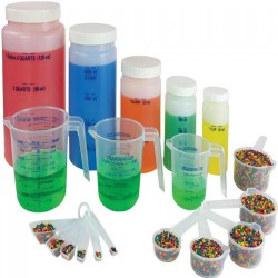 This deluxe set is the perfect size for any classroom learning measurement equivalents. Made of durable plastic, each piece is clearly marked to provide years of use. Ideal staple item to have available in any science class. Set consists of 17 pieces including liquid measuring cups, spoons, jars and a teachers guide.