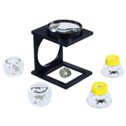 Five magnifiers helps children see true scale of objects up close. Magnifications from 2x to 7x - large magnifier measures 6 1/2"Lx 4 1/2" W and 6 1/2"H. This magnifier can be used to help children see and examine more details in bugs, coins, leaves, twigs, rocks, etc. Comes in a storage container.