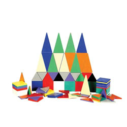 3 years & up. These magnetic tiles teach spatial relationships, math, logic, and problem-solving through creative building! The tiles attract on all sides and in all combinations, helping children move from two-dimensional to three-dimensional creations. Unbreakable set includes square and triangular tiles in a variety of sizes.