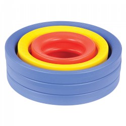 12 months & up. This is a set of 9 durable rings in three sizes measuring between 9.8" to 17.7" in diameter. Great for game play and pretend play both indoors and outdoors. Roll them, use for sorting, throw bean bags into them, or use them in imaginative play. Each ring includes braille for identifying size. Includes 9 rings in the 3 primary colors: yellow, red, blue.