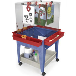 Great for indoors and outdoors. Tuff all-plastic frame with a strong clear plastic easel. Includes hanging dowel drying brackets with easy access in the middle of the cube easel to dry art work. Includes 4 super caddies and 16 easel clips. Some assembly required. 21"W x 21"L x 44"H.