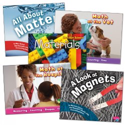 3 years & up. Explore STEM concepts with this set of colorful, clear photos and facts. This collection of books cover Math, Magnets, Materials and Matter. Children will learn about Math at the Vet with counting and time, Math at the hospital with Measuring, Counting, Shapes and more. They will lear about Magnets, different types of Materials, like plastic and all about Matter, which is all around us. Set of 5 paperback books.
