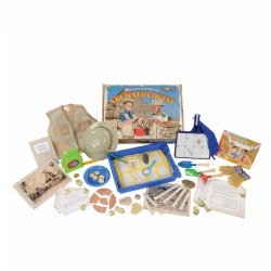 3 years & up. This complete archaeologist STEM kit offers over 40 archaeologist materials including tools, artifacts, and uniform, including a safari hat (measures 4.5"H x 10.95"W x 9.90"L). Children can step into the role of scientist when they participate in a small scale dig using the shovel and rake to find items such as bones, plate pieces, and fossils. The grid and grid numbers help children as they chart and record the items into the artifact journal. Continue the journey into STEM discovery with the challenge and literacy cards that offer activities, tips, and ideas to extend the scientific learning across all domains. Learning is further enhanced with two included song downloads and archaeologist book.