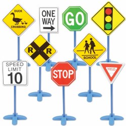 3 years & up. Your little one can learn to navigate the roads safely with these traffic signs! Teach children to recognize essential road signs and safety rules at an early age. Set includes 9 different road signs; stop, go, yield, one way, and more. These road signs are designed with lightweight, durable plastic and are easy to assemble, making them the perfect addition to any roadway! Approximately 27.5" tall.