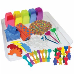 3 years & up. Explore a range of activities and experiences with this exciting Sensory Tray Accessory Kit. These colorful pieces are a great way to promote sensory learning. Use the tray to pour your sensory materials such as sand or goo without a mess left on the table. Encourage children to explore textures, smells, colors, and more using the tools provided. This kit includes 50 Skyscraper Building Cards, 50 Super Topplers, 1 lb (454 g) of colored rice, 4 Junior Goo Spreaders, 10 Squiggle Pipettes, 10 Junior Heart Pipettes, Sand Scraper, and a teacher's guide.