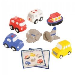 18 months & up. Support fine motor skills in children by adding Vehicle Match-Ups to your selection of toddler toys! This set offers 6 vehicles that children can sort, match, and drive around as a hands-on way to introduce and reinforce shapes, colors, and transportation. The vehicles are comprised of two sections that children can connect together. Each of the vehicles has its own shape for self-correction: square, rectangle, star, circle, triangle, and heart. Set includes boat, bus, ambulance, airplane, car, and firetruck. Activity card(s) are also included.