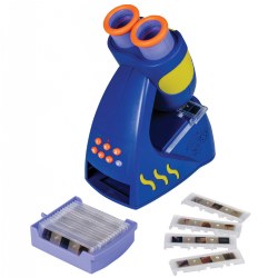4 years & up. Introduce children to a real scientific toy that provides visual detail and information about animals, plants, and everyday household items. Fully functioning 5x microscope with two comfortable eyepieces contains 20 slides with 60 photo-quality images, and over 100 facts and questions. Multilingual audio-4 languages included! Requires 3 AAA batteries (sold separately).