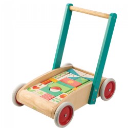 18 - 36 months. Made from high quality wood, this walker helps develop balance, strength, and encourages creative play. Includes 29 garden themed wooden blocks for creative construction. Walker size is 16.34" x 11.22" x 16.54".