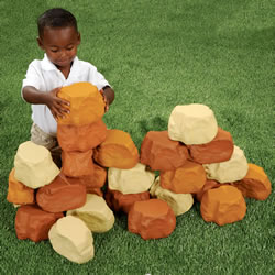 3 years & up. Build to new heights with this fantastic collection of realistic pretend rocks! Whether you are building a mountain or designing a fort, the possibilities are endless. This 25-piece set of lightweight foam rocks stack easily for endless creative building projects and harrowing adventures. Perfect size for encouraging gross motor development. The foam construction is water proof, but not UV-resistant; if kept outside for a long time, the colors will fade. Bricks measure at 8"L x 3 1/2"W x 2"D.