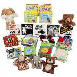 This kit offers the rich combination of engaging stories and interactive puppets that involve infants and caregivers in meaningful literary experiences. The vivid, textured, and inviting books, along with plush and friendly puppets, support early literacy skills and facilitate bonding experiences. Contents may vary.