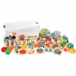 Children have the opportunity to engage in a variety of learning experiences while engaging with the materials offered in this comprehensive kit. This kit offers puzzles, balls, links, plush items, stackers, and sorting activities to inspire active learning in all areas of development. This kit will help strengthen: fine motor development, early math skills, gross motor development, eye-hand coordination, and cognitive skills.