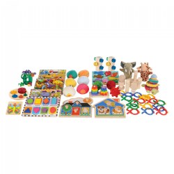 Children have the opportunity to engage in a variety of learning experiences while engaging with the materials offered in this comprehensive kit. This kit offers puzzles, balls, links, plush items, stackers, and sorting activities to inspire active learning in all areas of development. This kit will help strengthen: fine motor development, early math skills, gross motor development, eye-hand coordination, and cognitive skills.