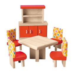 3 years & up. This dining room set is sure to delight and add a color and character to any dollhouse. This set is specially designed in bright colors for extra fun. The dining room includes a wooden table, four wooden chairs with red seats and colorful chair backs, and a wooden hutch with red accents. Colors may vary.
