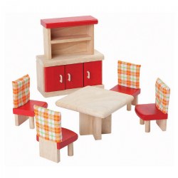 3 years & up. This dining room set is sure to delight and add a color and character to any dollhouse. This set is specially designed in bright colors for extra fun. The dining room includes a wooden table, four wooden chairs with red seats and colorful chair backs, and a wooden hutch with red accents.