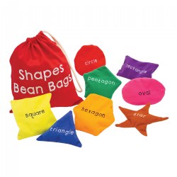 3 years & up. It's time to shape up with these toss-and-learn bean bags. Each bean bag is a different color and shape - circle, square, triangle, rectangle, oval, pentagon, hexagon, and star - with its name beautifully embroidered. Bean bags are approximately 4" to 5" in size, just perfect for small hands, and come in a handy cloth drawstring bag. Includes a "Tip Sheet" packed with fun activities that make learning shapes an exciting visual and kinesthetic experience.
