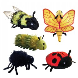 12 months & up. Set of five finger puppets represent some of the most common bugs you would find in the backyard. Each has an elastic fitting inside to keep them on your finger and are great for hours of creative play. Includes bumblebee, butterfly, caterpillar, spider, and ladybug. Bugs have full bodies and measure 6" high.