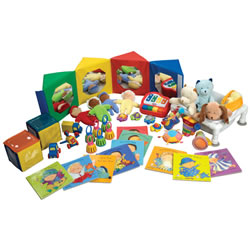 This kit contains toys for eight types of experiences that support children's development and learning. This kit features a sampling of items designed to enhance the experiences of "Connecting with Music and Movement", "Exploring Sand and Water" and "Going Outdoors" for Young Infants.  Kit includes (over 40 items): Soft Dolls, Play Vehicles, Photo & Mirror Cubes, Plush Animals, Music CD, Musical Instruments, Board Books, and an Infant Sand and Water Table.