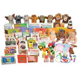 This kit contains toys for eight types of experiences that support children's development and learning. This kit features a sampling of items designed to enhance the experiences of "Imitating and Pretending", and "Enjoying Stories and Books" with Two year olds. Kit includes (over 55 items): Baby Dolls with Doll Clothes, Shopping Cart, Little Doctor Kit, Kitchen Bottle Collection, Little Builder Tool Belt, Book Sets, and Puppets.