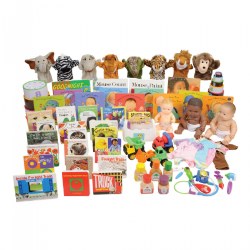 This kit contains toys for eight types of experiences that support children's development and learning. This kit features a sampling of items designed to enhance the experiences of "Imitating and Pretending", and "Enjoying Stories and Books" with Two year olds. Kit includes (over 55 items): Baby Dolls with Doll Clothes, Shopping Cart, Little Doctor Kit, Kitchen Bottle Collection, Little Builder Tool Belt, Book Sets, and Puppets.