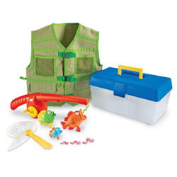 PreK & up. Everything you need to catch the big one! Includes tackle box, fishing pole with magnetic hook, 3 magnetic fish in different sizes, 3 worms, net, and adjustable fishing vest. Reinforce hand-eye coordination along with size and color matching. Tackle box measures 13"L x 7"W x 6"H.