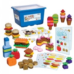 3 - 6 years. Stimulate children to play and collaborate as they construct various food items and learn to sort, count, match, and pattern. The unique and colorful bricks, as well as menu and recipe cards, inspire language and role play around restaurants, shopping, and people's needs. Children will naturally be practicing basic math as they play with this engaging set. Storage box included. 131 pieces.