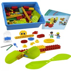 5 years & up. This set features a brick assortment and eight double-sided, full-color building instructions. The set includes gears, levers, pulleys, and wheels and axles, as well as a plastic punch-out sheet with eyes, sails, scales and wings. Use this set with the accompanying curriculum pack to conduct full lessons, extension activities, and problem-solving tasks. The support materials provided in this curriculum pack include teacher guidance and student worksheets. 102 pieces.