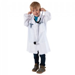 3 years & up. Dress up and inspire the new generation of doctors! Start with a crisp white lab coat, along with clip-on ID badge and plush stethoscope, and you have everything you need to jump-start your imagination. The lab coat opens in the front with hook-and-loop closures.  Machine wash cold separately, do not tumble dry; do not bleach.