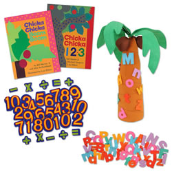 3 years & up. Interactive reading just became even more engaging with these Chicka, Chicka Books and Story Props for Interactive Read Alongs. This set of props corresponds with the books Chicka Chicka Boom Boom and Chicka Chicka 1, 2, 3. Your children will love placing the letters and numbers up the coconut tree along with the story. This set of props promotes literacy, early math skills, and interactive reading. Set includes a 20" high fabric tree with 19 numbers, 26 letters, one hardback, and one paperback book.