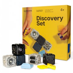 4 years & up. Explore the world of robotics, coding, and more with unique robot building blocks. Easily snap Cubelets together to create an endless variety of robot constructions with no messy wires necessary. Each Cubelet contains its own unique software inside that is designed to give it a specific function so how you assemble them matters. If you want to build a robot that exudes a specific behavior you must choose the correct Cubelets to combine. You will learn coding while you build! This set features the new Bluetooth® Hat that allows you to connect your robots to the Cubelets app to add new abilities, control your robot, and more! Included: 1 Battery Cubelet, 1 Brightness Cubelet, 1 Distance Cubelet, 1 Drive Cubelet, 1 Flashlight Cubelet, 1 Bluetooth® Hat, 2 Brick Adapters, Micro-USB Cable, and a Guide.