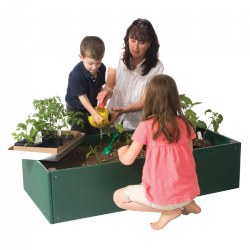 Ages: 2 - 5 years. Size: 24"W x 48"L x 12"H. Weight: 400 lbs. Includes: Raised Garden Bed, Collapsible Garden Grid, Moisture Meter, 20 pack of Organic Vegetable Seeds, and "Square Foot Gardening with Kids" Book.