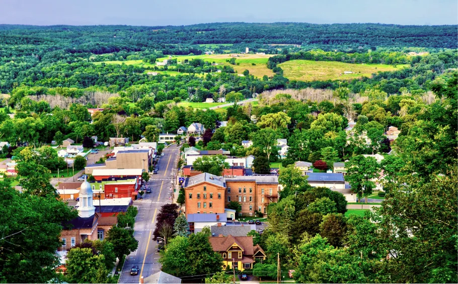 Arial photo of a town in upstate New York