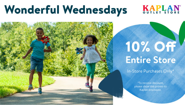 Wonderful Wednesdays: Get 10% off items in the entire store every Wednesday. Promotion is good for in-store purchases only. To receive discount, please show this promo to a Kaplan employee.