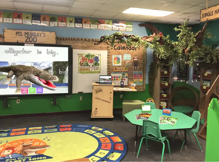 Preschool classroom decorated with jungle plants, showing the Alive Studios activities on a Smart Board