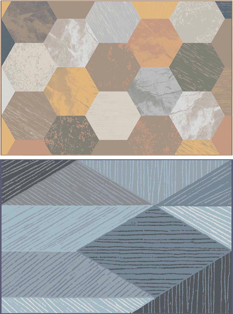Natural Hex Carpet and Blue Geometric Carpet
