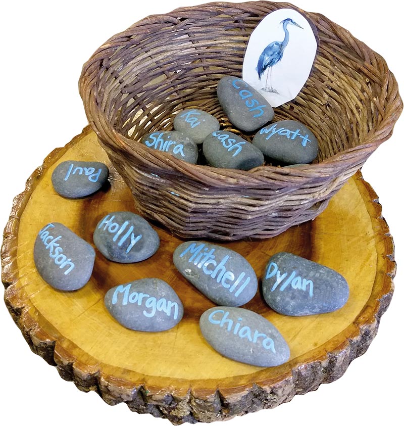 Basket of river stones with children's names written on them