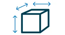 Cube with arrows measuring dimensions