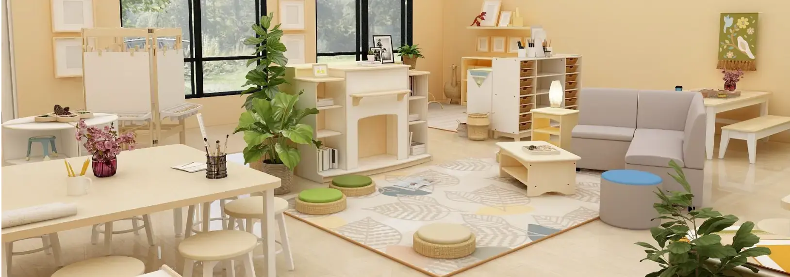 Child grabbing a wicker basket full of toys from the bottom of a sectioned shelving unit