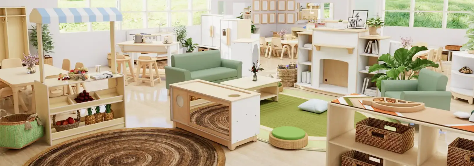 Child grabbing a wicker basket full of toys from the bottom of a sectioned shelving unit