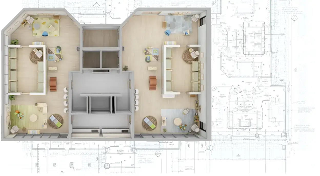3d rendering of a preschool classroom