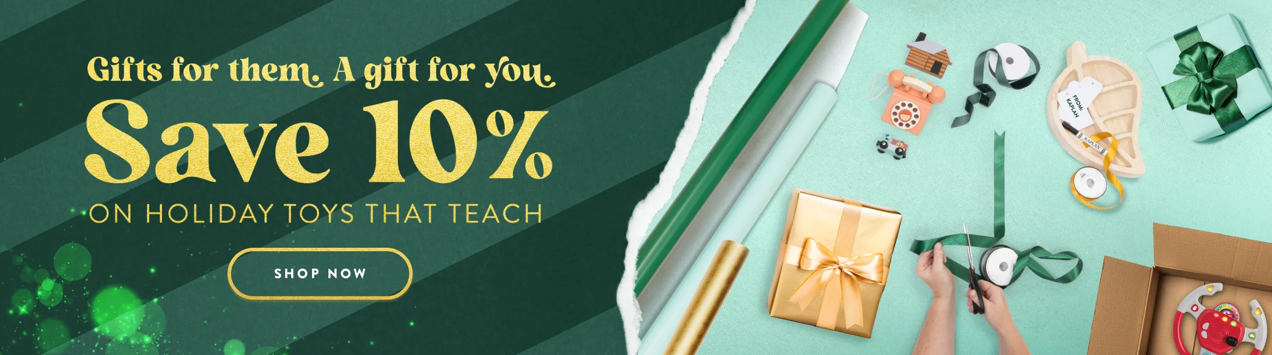 Overhead view of wrapping gifts of various toys